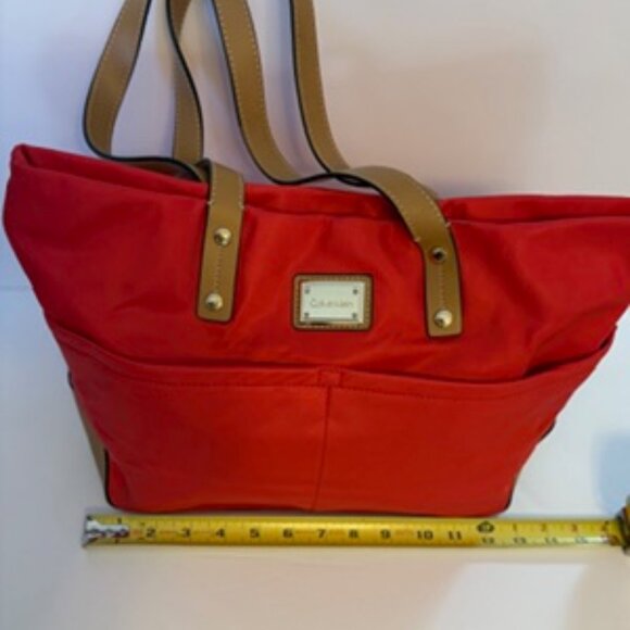 Calvin Klein Red Nylon Tote Bag with Gold-tone Hardware and Tan Handles